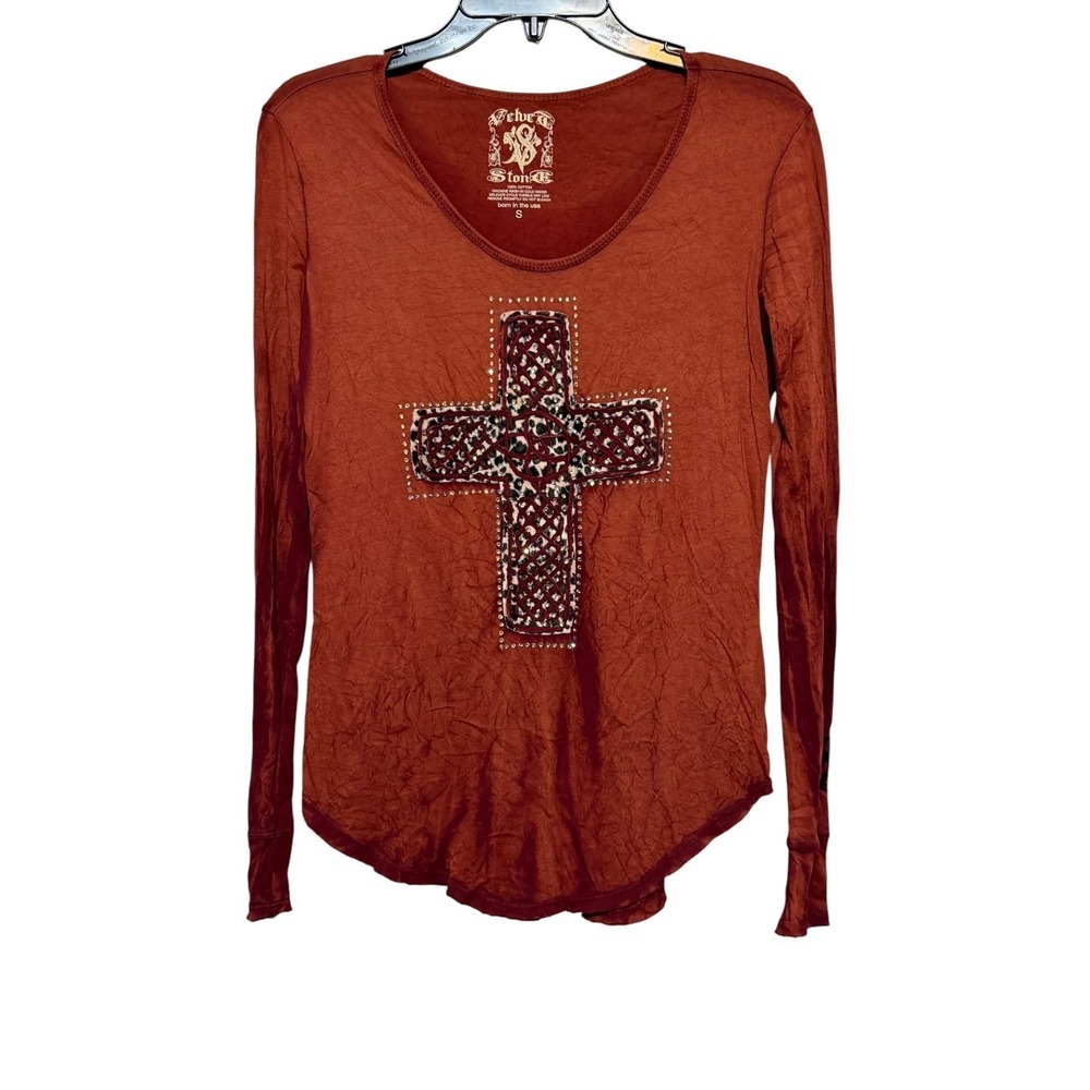 Y2K Velvet Stone Gothic Cross Top Womens Size S Grunge Rock Revival Ed Hardy Era